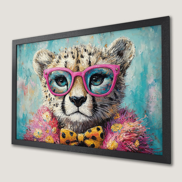 Framed Poster featuring a stylish cheetah with pink glasses, vibrant artwork with a colorful palette. Perfect wall art for your home!