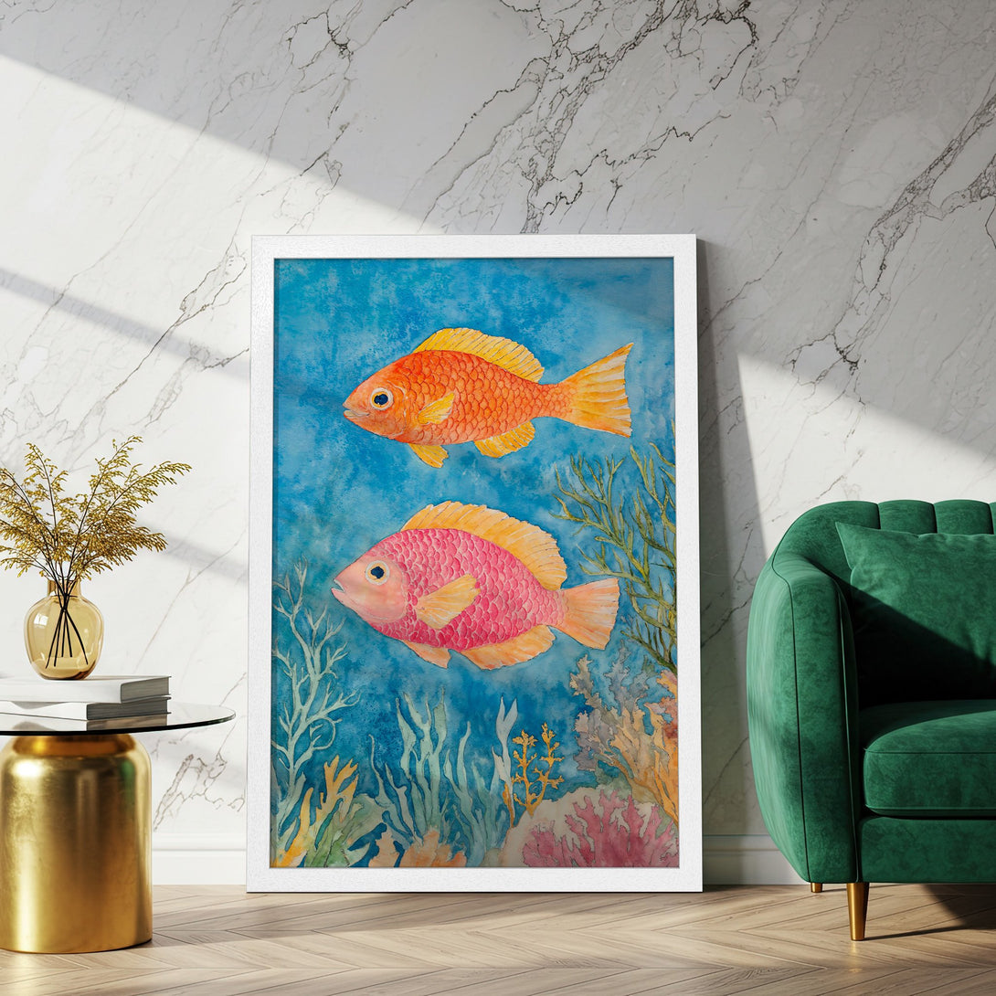Framed Poster featuring watercolor fish art in orange, pink, and blue. Perfect ocean-themed decor for your home.