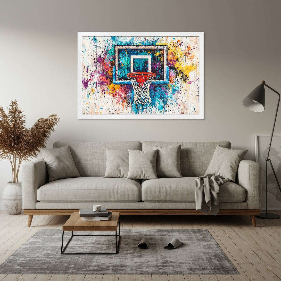 Framed Poster of a basketball hoop in vibrant, abstract splatter art style. Features a colorful palette of blues, reds, yellows, and purples.