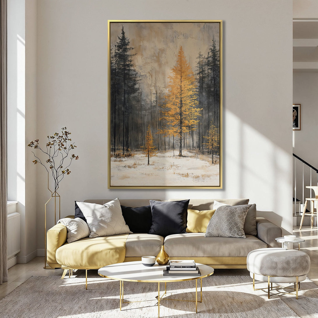 Canvas Print of a forest scene with golden trees. Modern art style, neutral and warm color palette. Perfect for home decor.