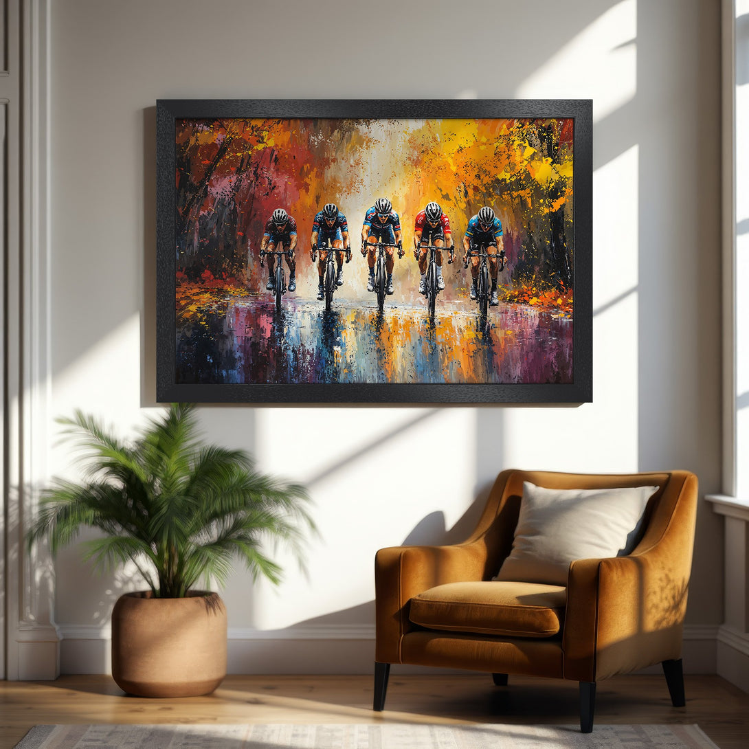 Framed Poster featuring cyclists in an impressionistic style. Warm color palette with orange, yellow, and blue hues. Perfect wall art for any space.
