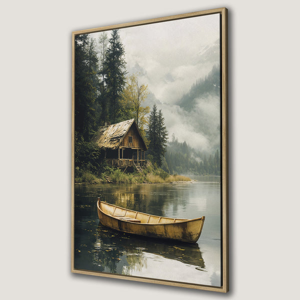 Framed Wall Art: Serene lake scene with cabin and boat. Earthy tones of green, brown, and gold create a calming, rustic aesthetic. Perfect for nature lovers!
