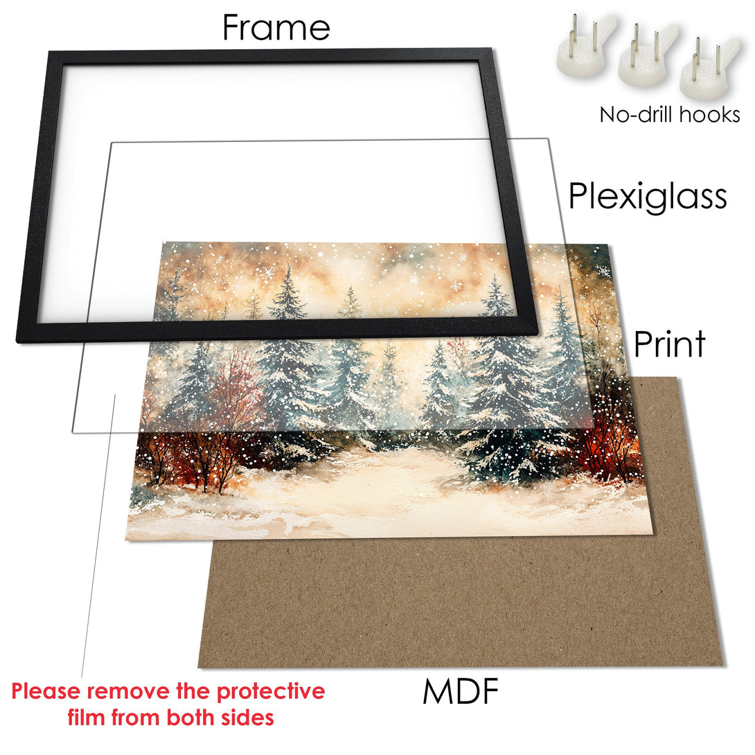 Framed Poster featuring a winter forest watercolor painting with a warm, neutral color palette. Perfect wall art!