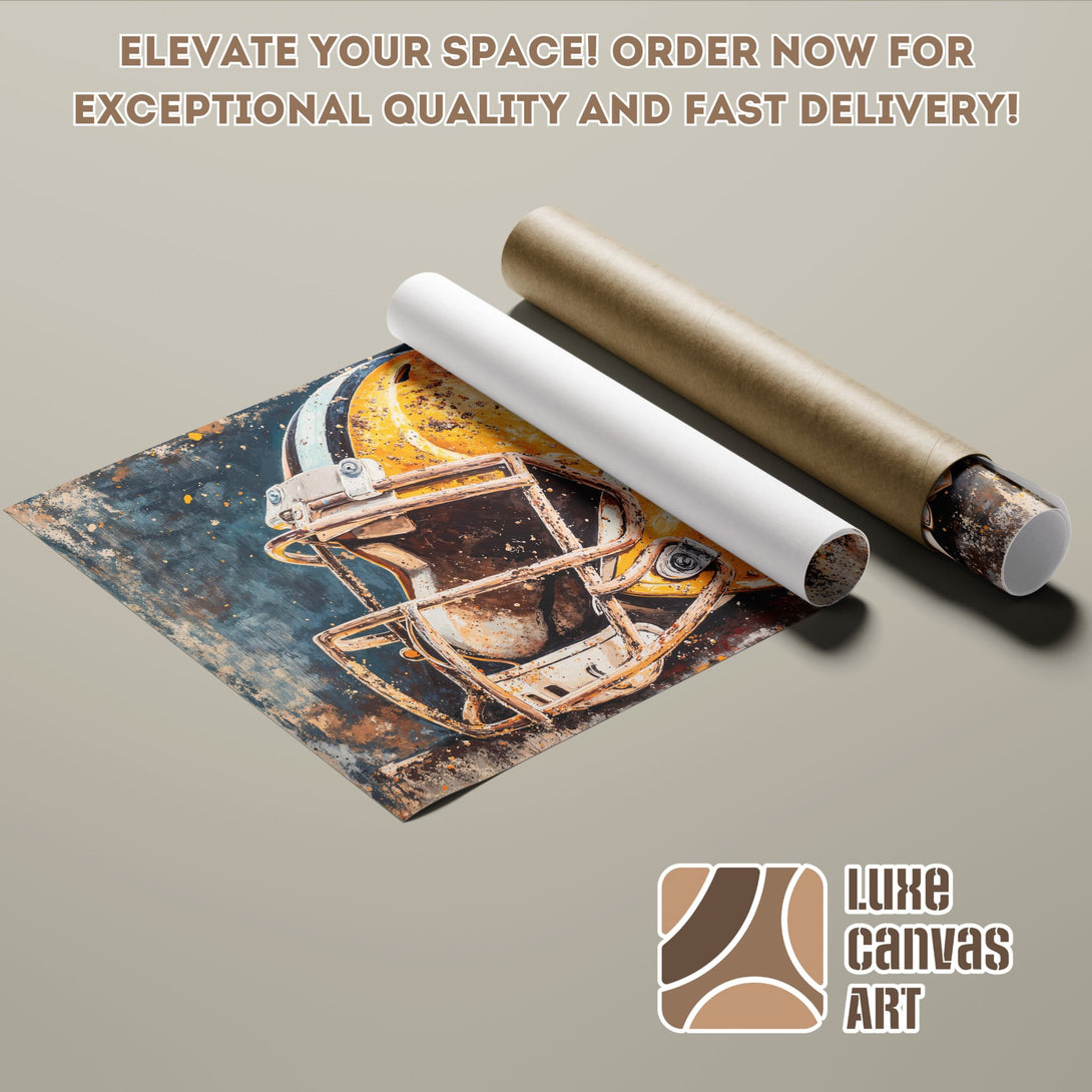 Football helmet poster roll in vintage style, featuring a blue, brown, and yellow color palette.