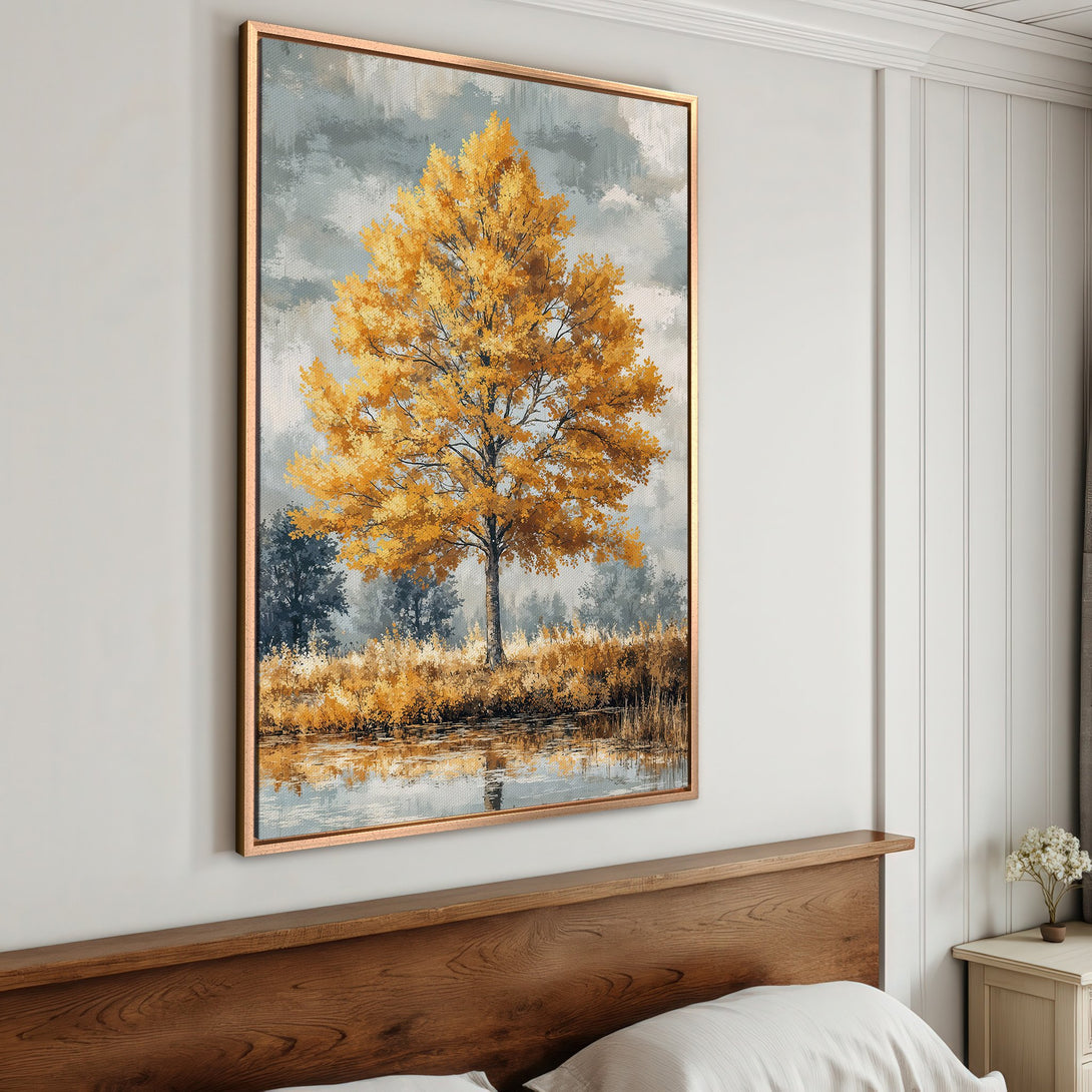 Framed Wall Art featuring a golden tree landscape. Warm, inviting color palette. Perfect for adding a touch of nature to your home decor.