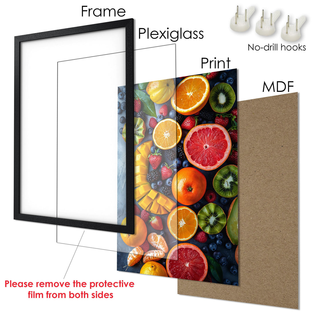 Framed Poster featuring a vibrant fruit arrangement. Modern style with a colorful palette of oranges, reds, and greens. Perfect kitchen decor!