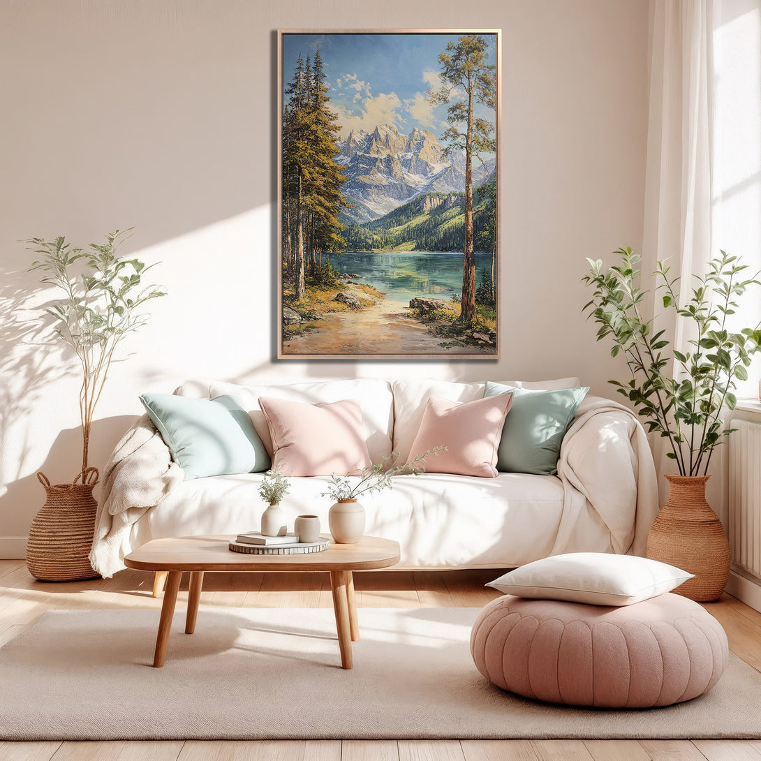 Framed Wall Art of a serene mountain lake scene in a warm, neutral living room. Earthy tones and pastel accents create a calming, inviting space.