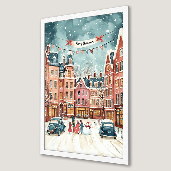 Framed Poster of a charming watercolor Christmas scene. Features a snow-covered town with warm red and pink hues. Perfect holiday decor!