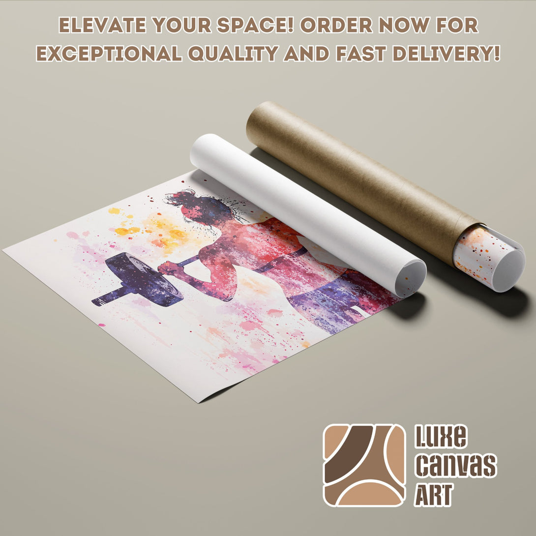 Watercolor fitness poster roll, vibrant pinks, purples, and yellows. Order your poster today!