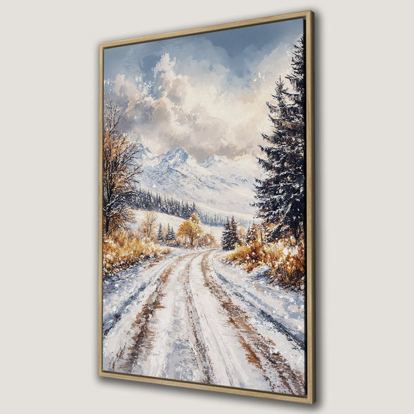 Framed Wall Art: Winter landscape Canvas Print. Snowy road through a forest with mountains in a cool, muted color palette. Perfect for cozy decor.