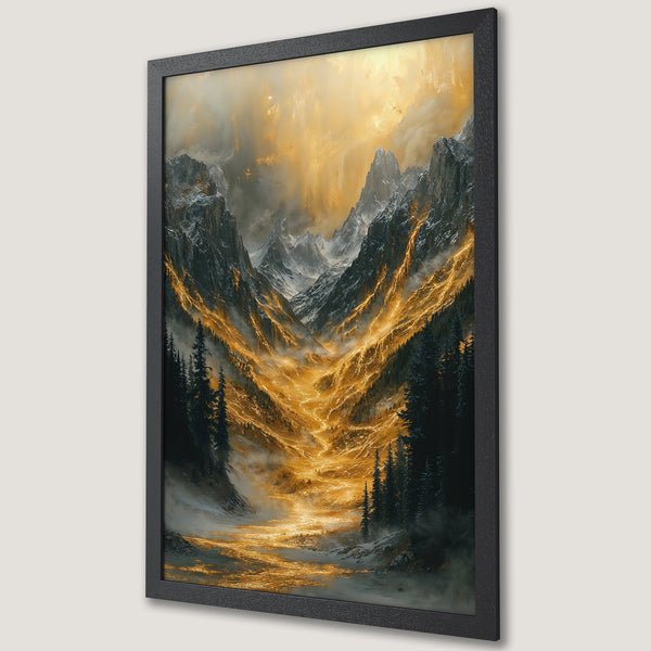 Framed Poster of a majestic mountain landscape with golden light, perfect for adding a touch of nature's beauty to your home.