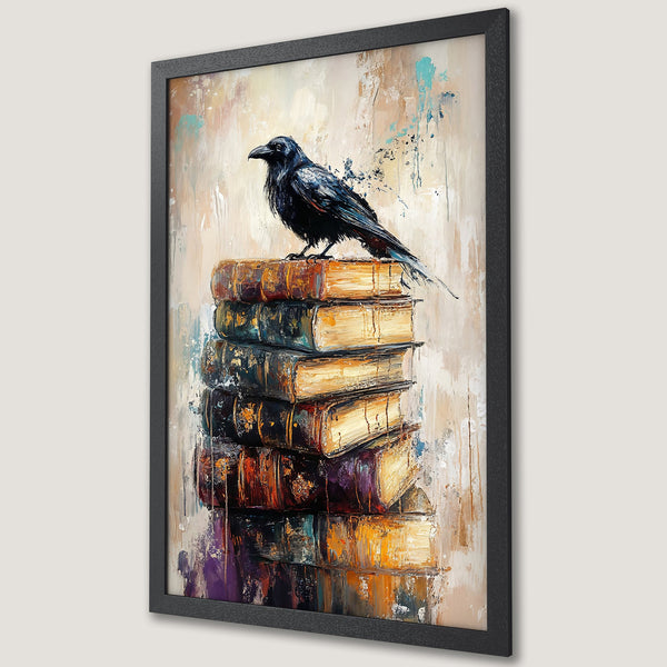 Framed Poster featuring a raven on books, abstract style, warm color palette. Perfect wall art for your home!