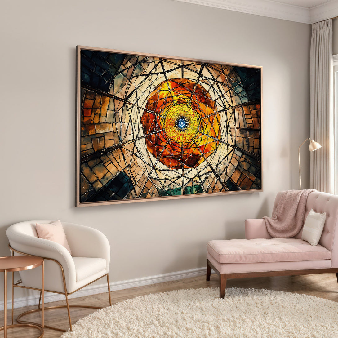 Framed Wall Art: Abstract stained glass design in warm orange, yellow, and brown tones. Modern art for living room decor.