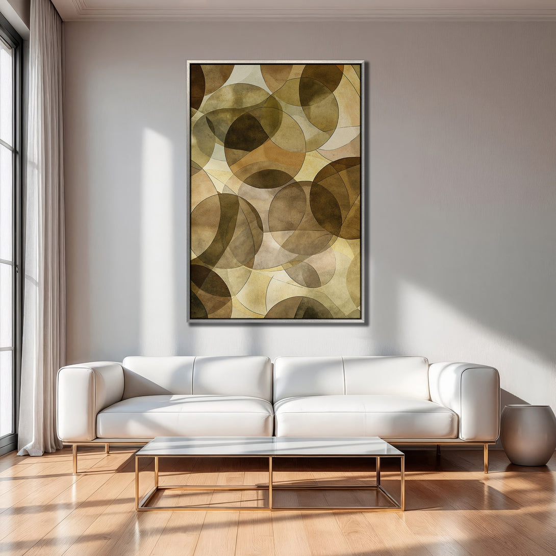 Framed Wall Art featuring an abstract geometric design in warm brown and beige tones, displayed in a modern living room setting.