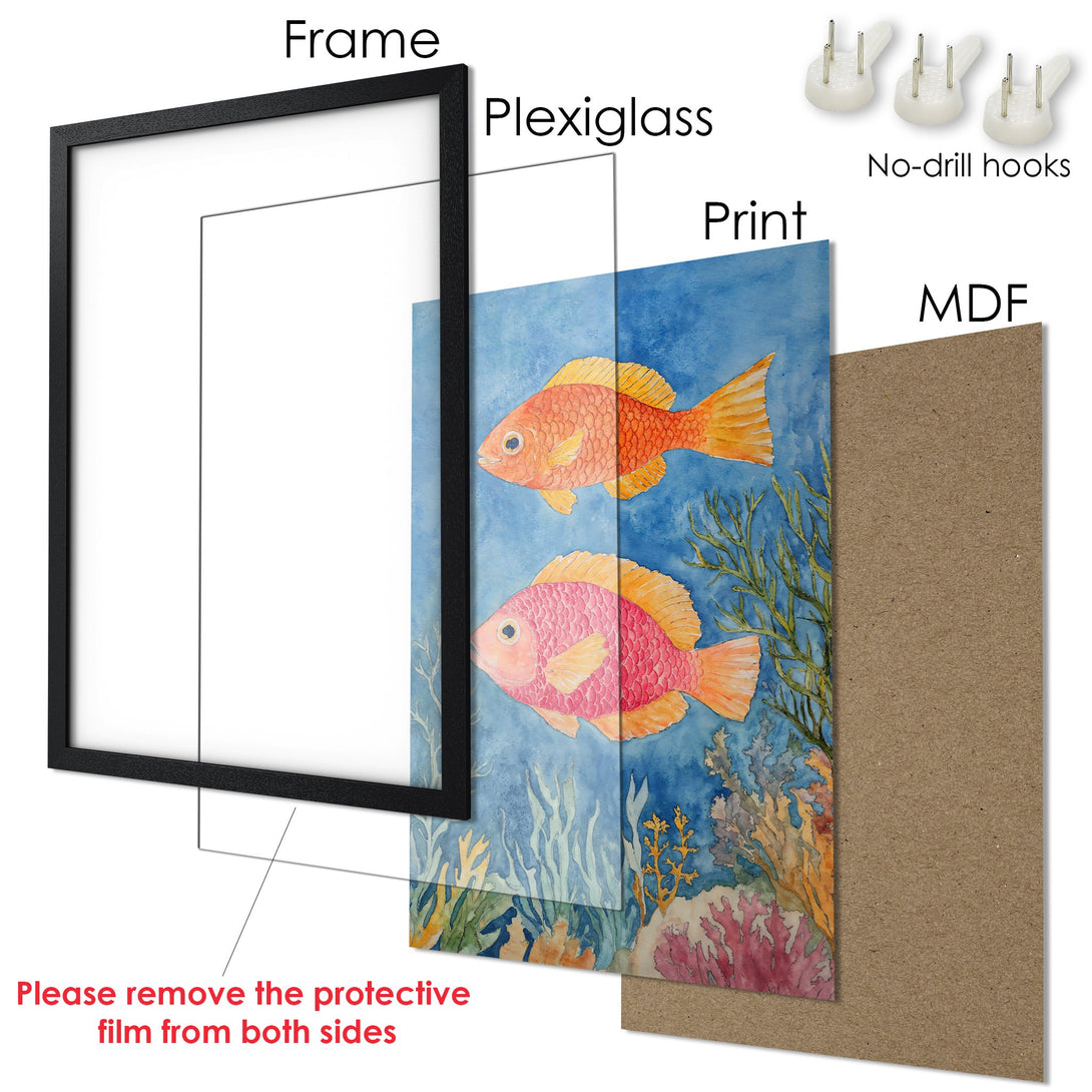 Framed Poster featuring watercolor fish art in a blue, orange, and pink palette. Perfect wall decor for a coastal vibe!