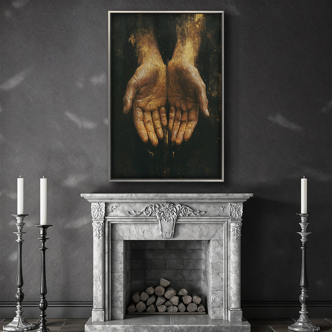 Framed Wall Art featuring abstract hands in warm gold tones. Dramatic dark color palette, perfect for adding a touch of elegance to any room.