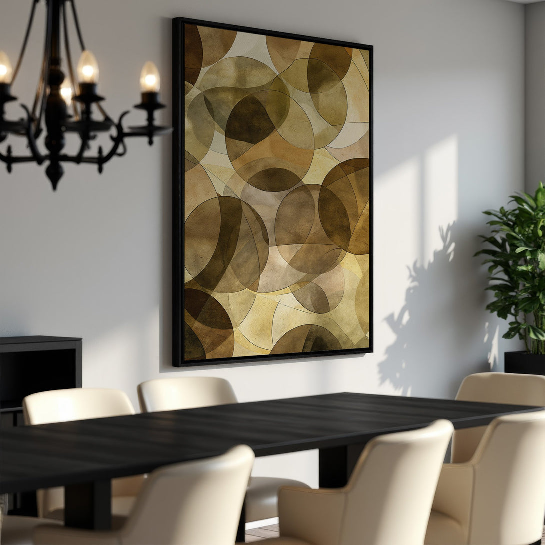 Framed Wall Art featuring abstract geometric circles in warm brown tones. Modern canvas print perfect for dining rooms.
