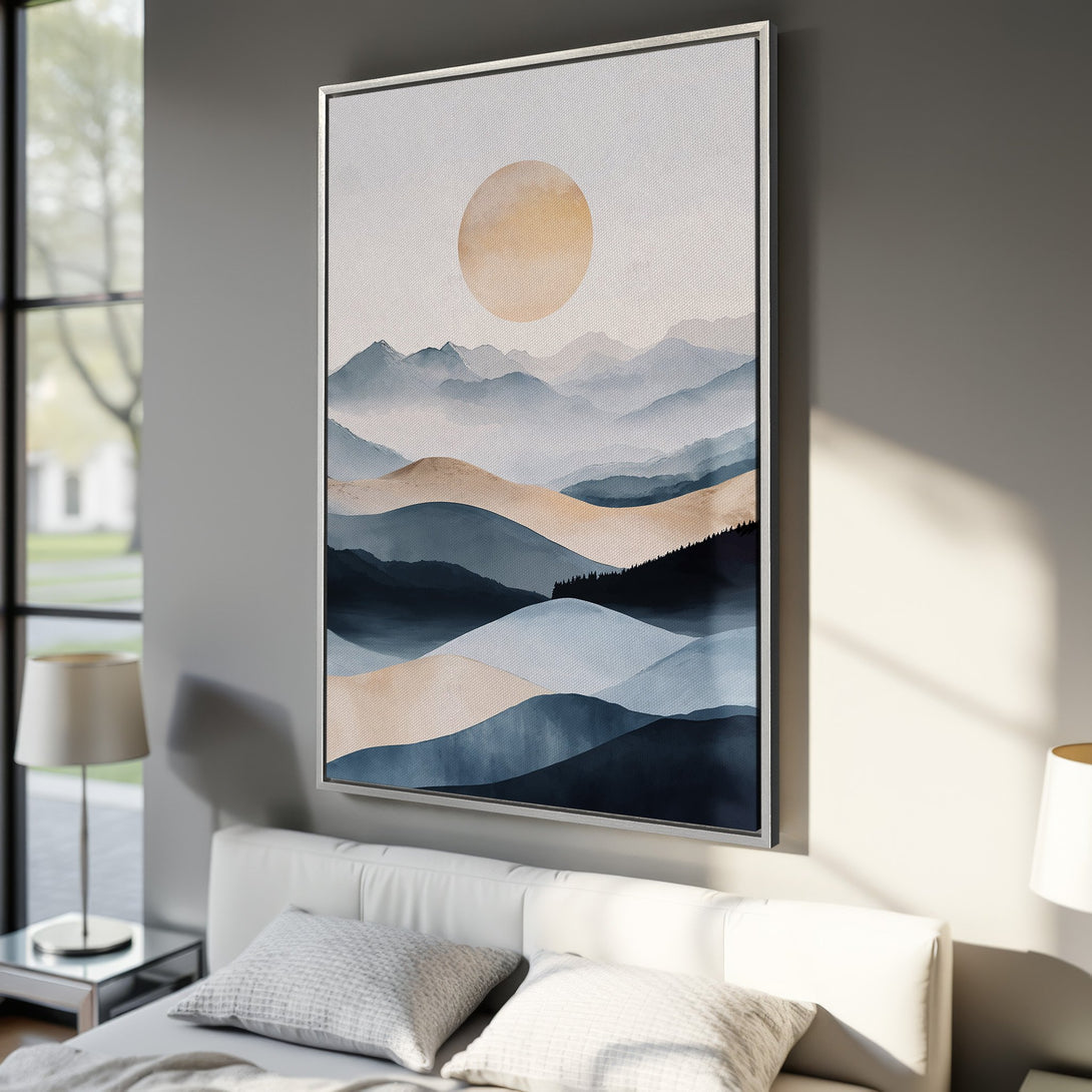 Framed Wall Art: Abstract mountain landscape Canvas Print in blue, beige, and gold tones. Modern art for bedroom decor.