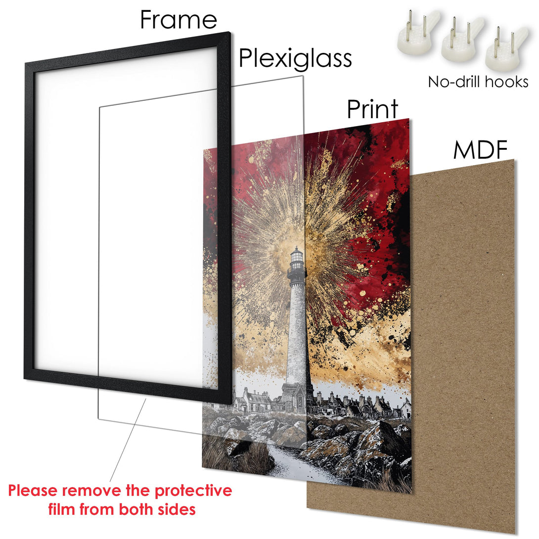 Framed Poster featuring a lighthouse art print in red and gold tones. A stylish addition to your home decor!