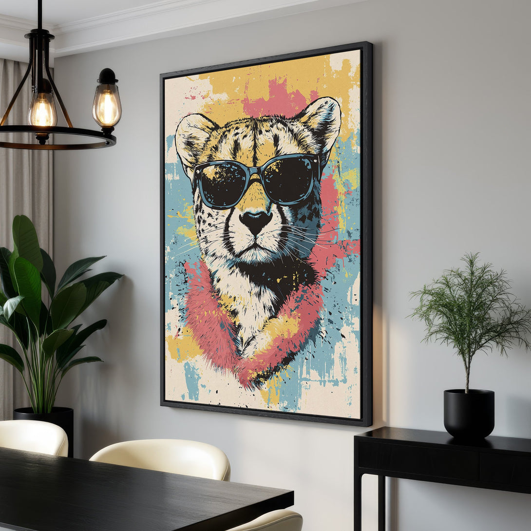 Framed Wall Art: Cool cheetah portrait with sunglasses. Pop art style with a colorful, vibrant palette. Perfect for adding personality to your home decor.