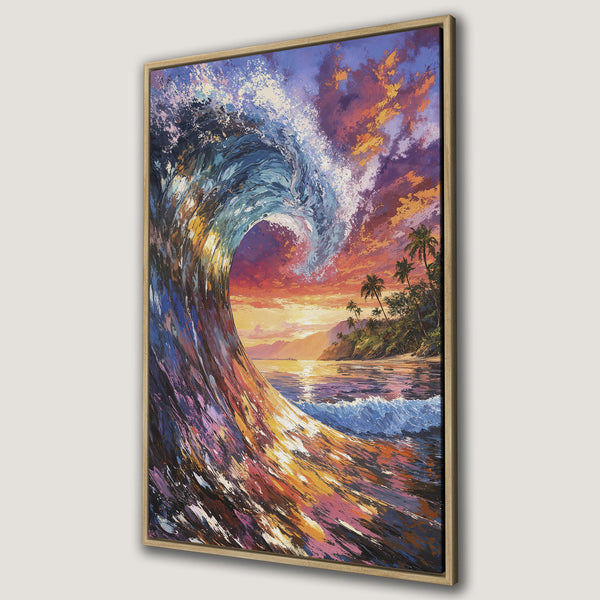 Framed Wall Art: Stunning ocean wave painting in vibrant sunset colors. Coastal art canvas print with a tropical beach scene. Perfect for home decor.