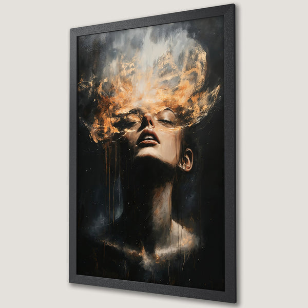 Framed Poster featuring a woman with abstract, fiery art. Dark, moody color palette with gold and black accents. Perfect wall decor.