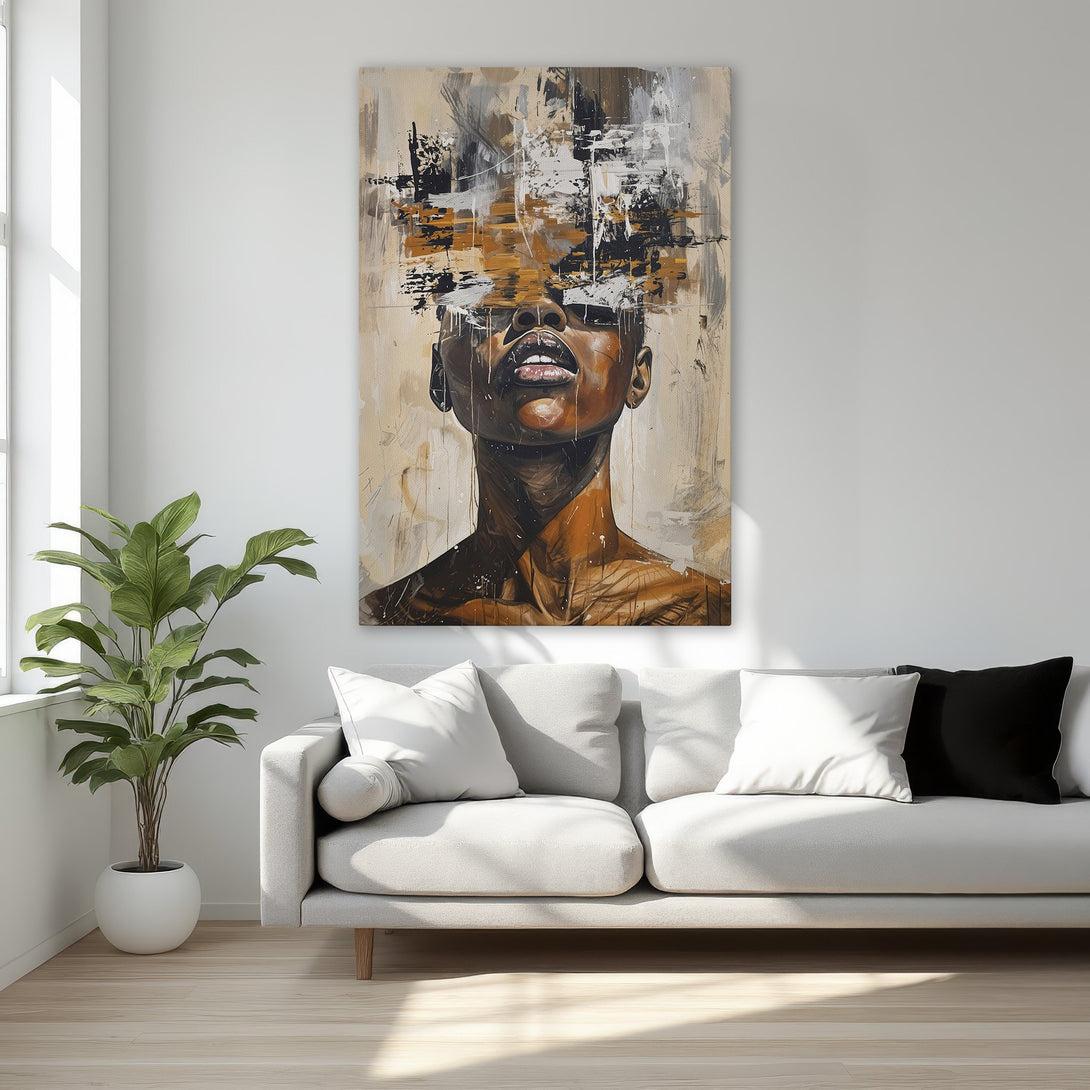 Framed Wall Art: Abstract portrait in warm tones. Modern art Canvas Print featuring a black woman, perfect for bedroom decor.