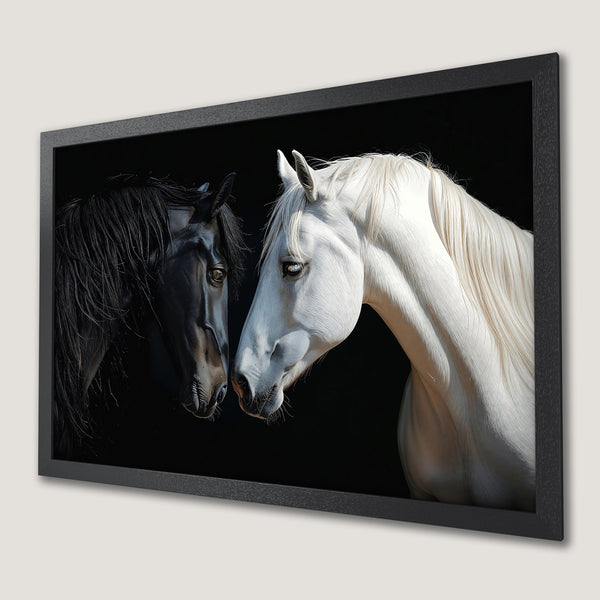 Framed Poster of two horses, one black, one white. Dramatic art style, high contrast, monochrome color palette.