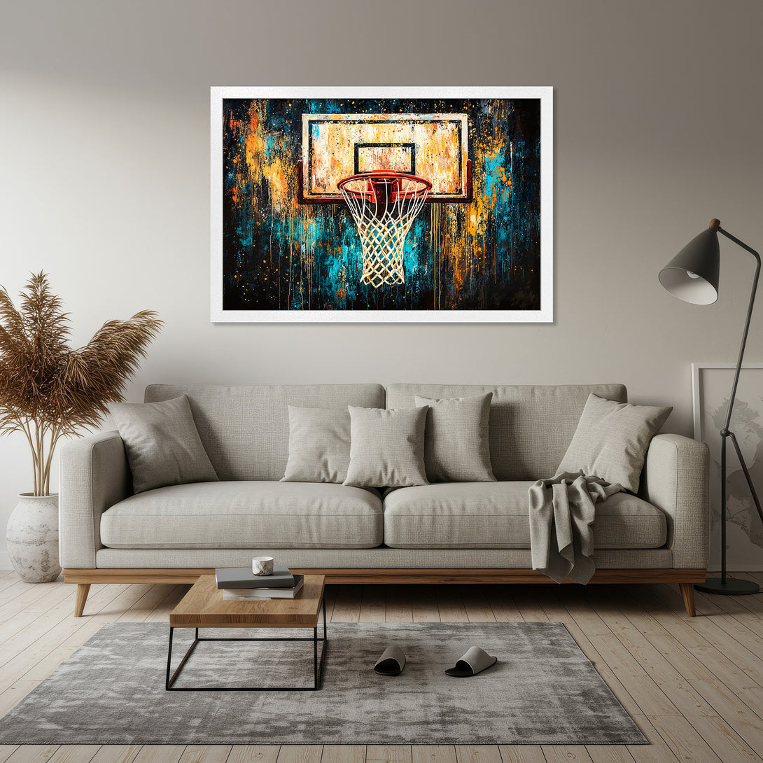 Framed Poster featuring a basketball hoop in abstract art style with blue, orange, and black color palette. Perfect wall decor!