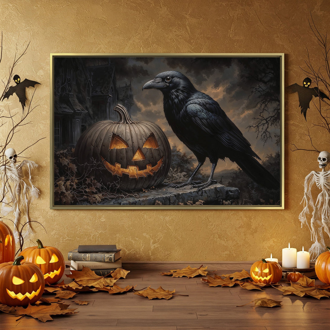 Spooky Halloween Canvas Print featuring a raven and pumpkin in a dark, gothic style. Rich orange, black, and grey color palette, perfect for seasonal decor.