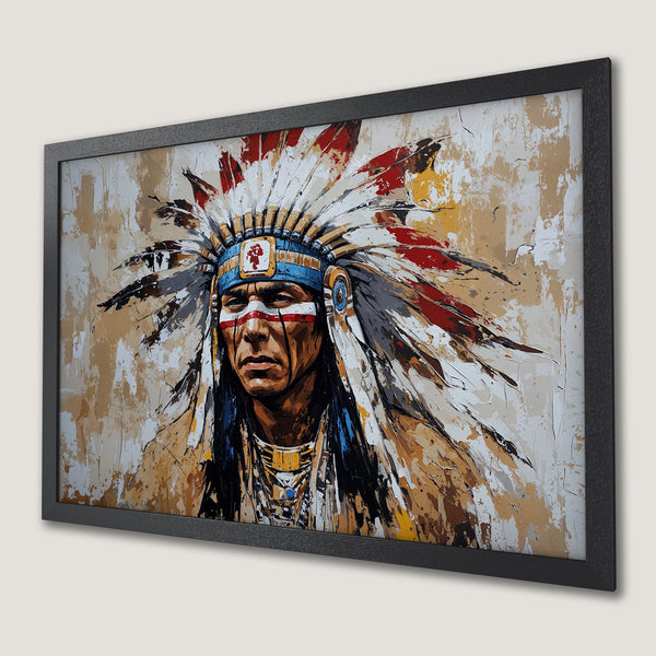 Framed Poster: Native American portrait, abstract style, earthy tones & red accents. Perfect wall art!
