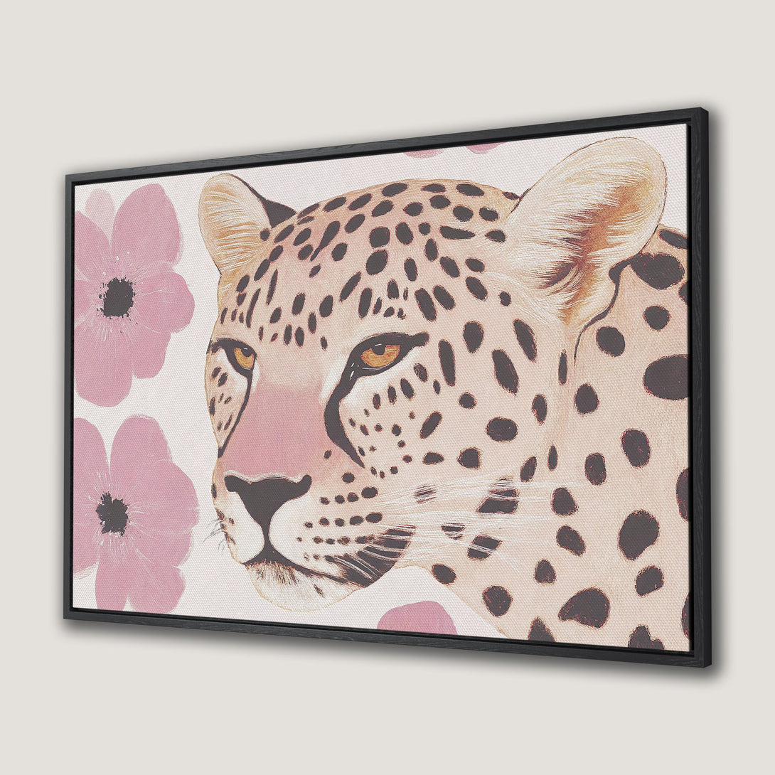 Framed Wall Art featuring a leopard illustration with pink flowers. Soft, neutral color palette. Perfect for adding a touch of modern art to your space.