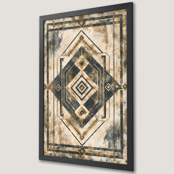 Framed Poster featuring an Art Deco design in a neutral color palette of beige, black, and gold. Perfect wall art for any room.