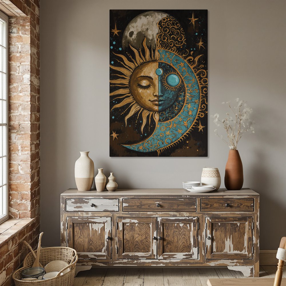Framed Wall Art: Celestial sun and moon design in teal, gold, and brown. Boho style Canvas Print for dining room decor.