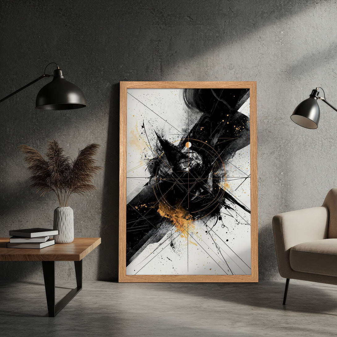 Framed Poster featuring abstract black and gold art on a white background, modern style, perfect for home decor.