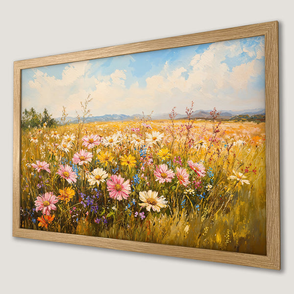 Framed Poster of a vibrant wildflower field painting in a warm, impressionistic style with a natural color palette.