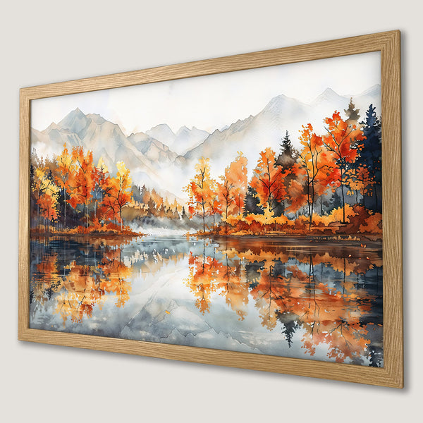 Framed Poster of a watercolor autumn landscape. Featuring vibrant orange & yellow trees reflecting in a lake, with a cool blue & gray palette.