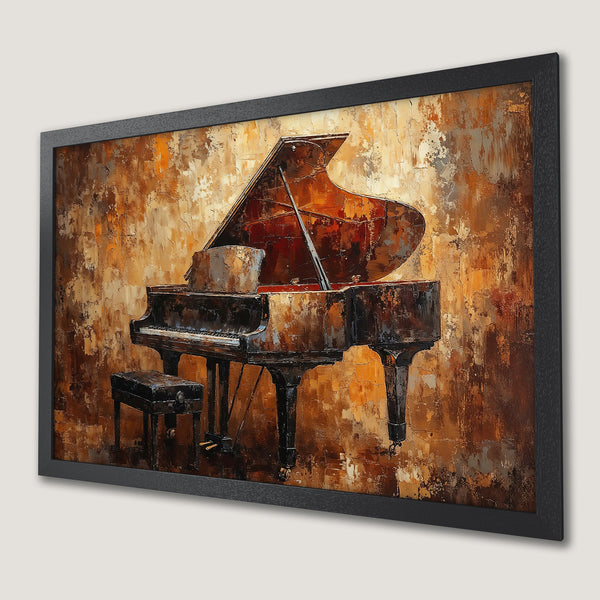Framed Poster of a grand piano, oil painting style with warm brown and orange tones. Perfect wall art!