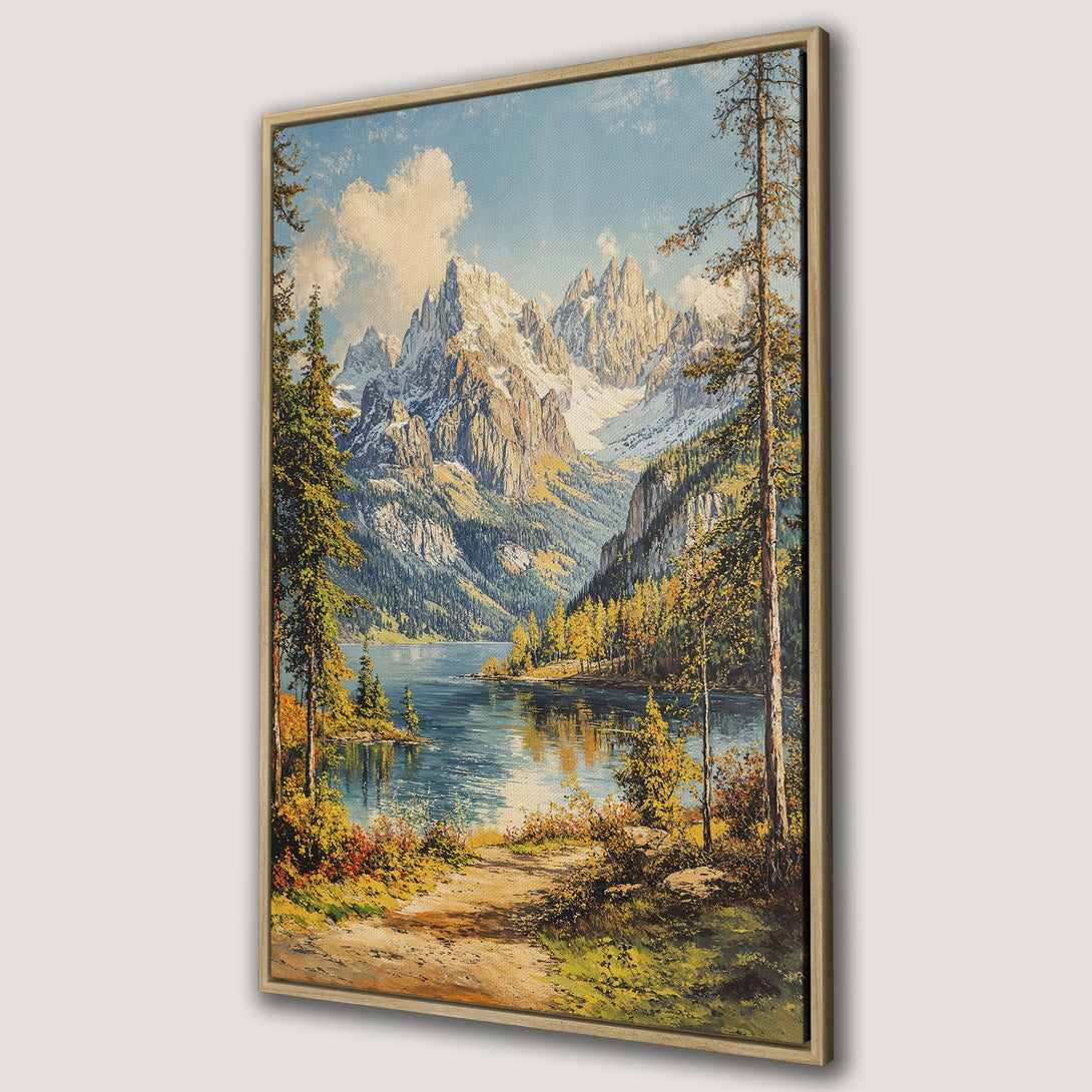 Framed Wall Art: Majestic mountain lake scene in a classic painting style. Featuring a serene blue and green color palette with hints of autumn gold. Perfect wall decor.