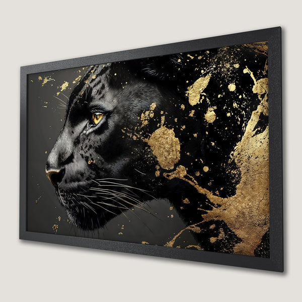 Framed Poster featuring a black panther with gold accents. Modern art style, black, gold, and grey color palette. Elevate your space!
