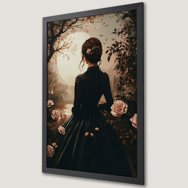 Framed Poster featuring a woman in a black dress, romantic vintage style, warm earth-tone color palette. Perfect wall art for any room!
