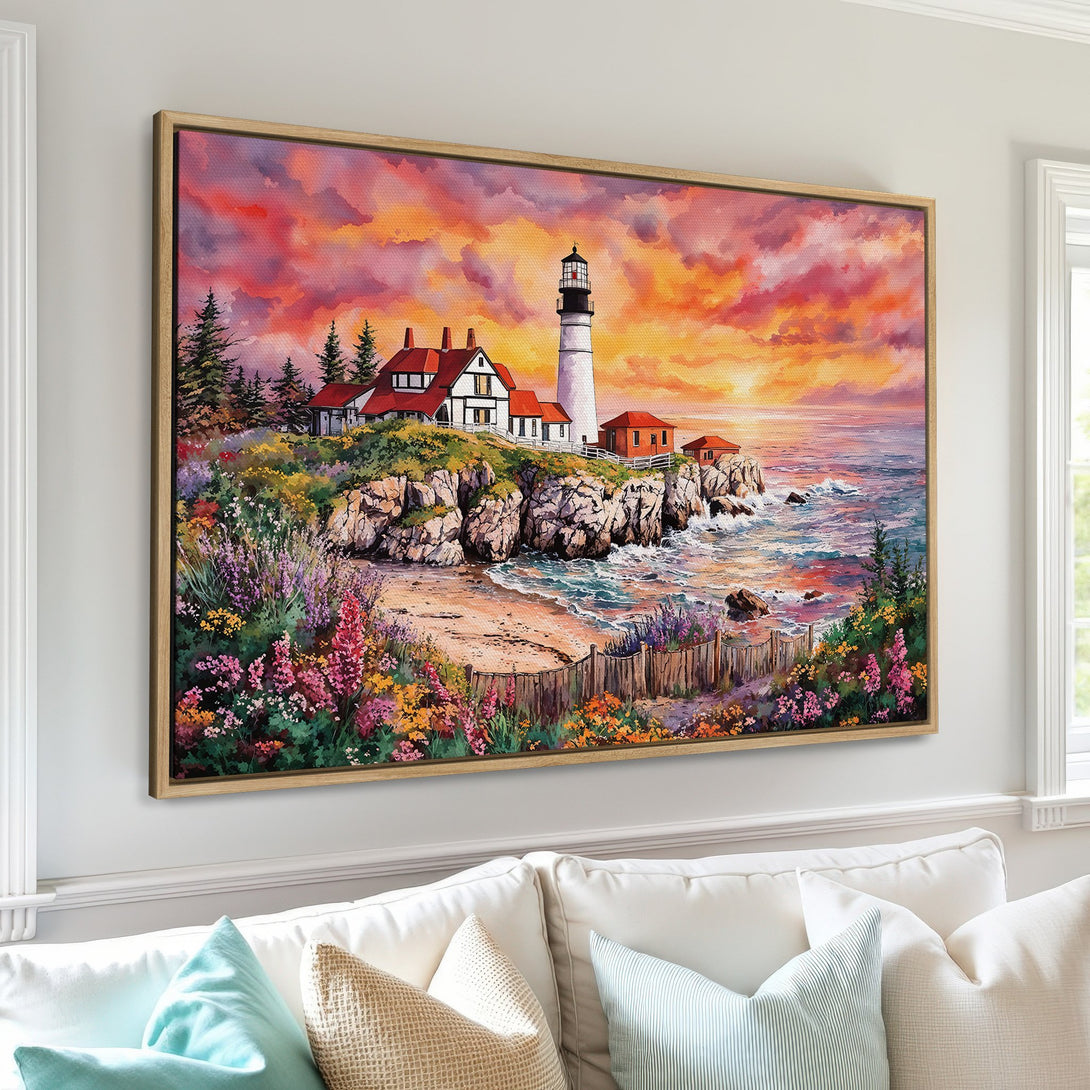 Framed Wall Art Canvas Print of a lighthouse painting with vibrant sunset colors. Coastal art in a warm, inviting color palette.