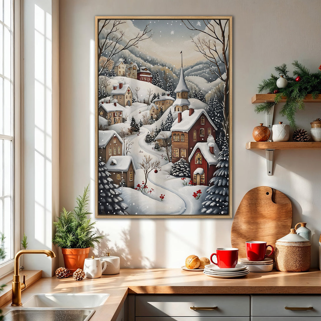 Framed Wall Art: Winter village scene in a cozy kitchen. Rustic, whimsical style with a warm, snowy palette of reds, browns, and whites. Perfect holiday decor!