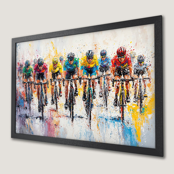Framed Poster of cyclists in action, abstract style with vibrant colors. Perfect wall art for sports fans!