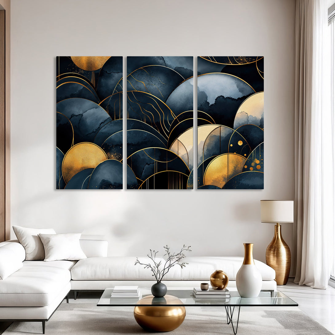 Abstract Canvas Print in navy blue and gold, perfect for modern home decor. Features geometric shapes and a luxurious, elegant style.