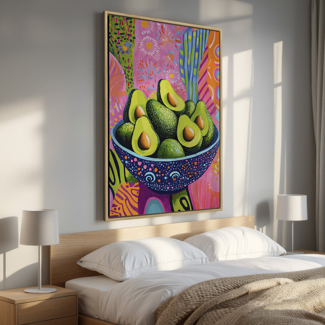 Framed Wall Art: Vibrant avocado painting in a colorful, abstract style. Adds a pop of color and modern art to any space. Perfect for kitchen or bedroom decor.
