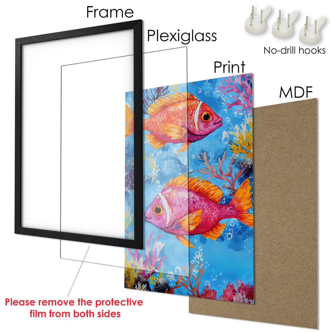 Framed Poster featuring colorful fish art with a blue, orange, and pink palette. Perfect wall decor for a vibrant home.