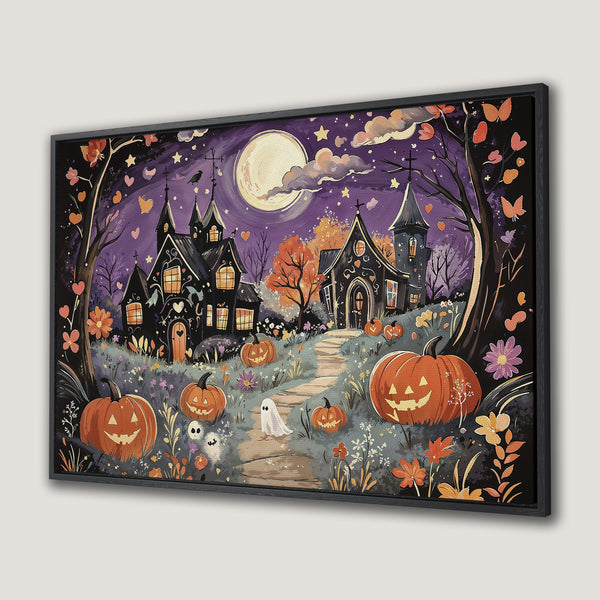 Framed Wall Art: Spooky Halloween scene with haunted houses, pumpkins, and a full moon. Watercolor style with purple, orange, and black color palette. Perfect for fall decor.