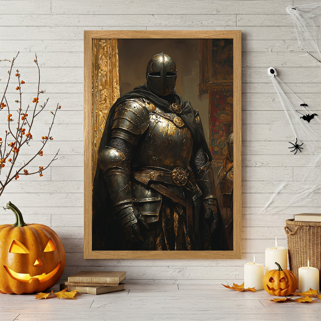 Framed Poster of a knight in detailed armor, dark and gold tones, perfect for Halloween decor.