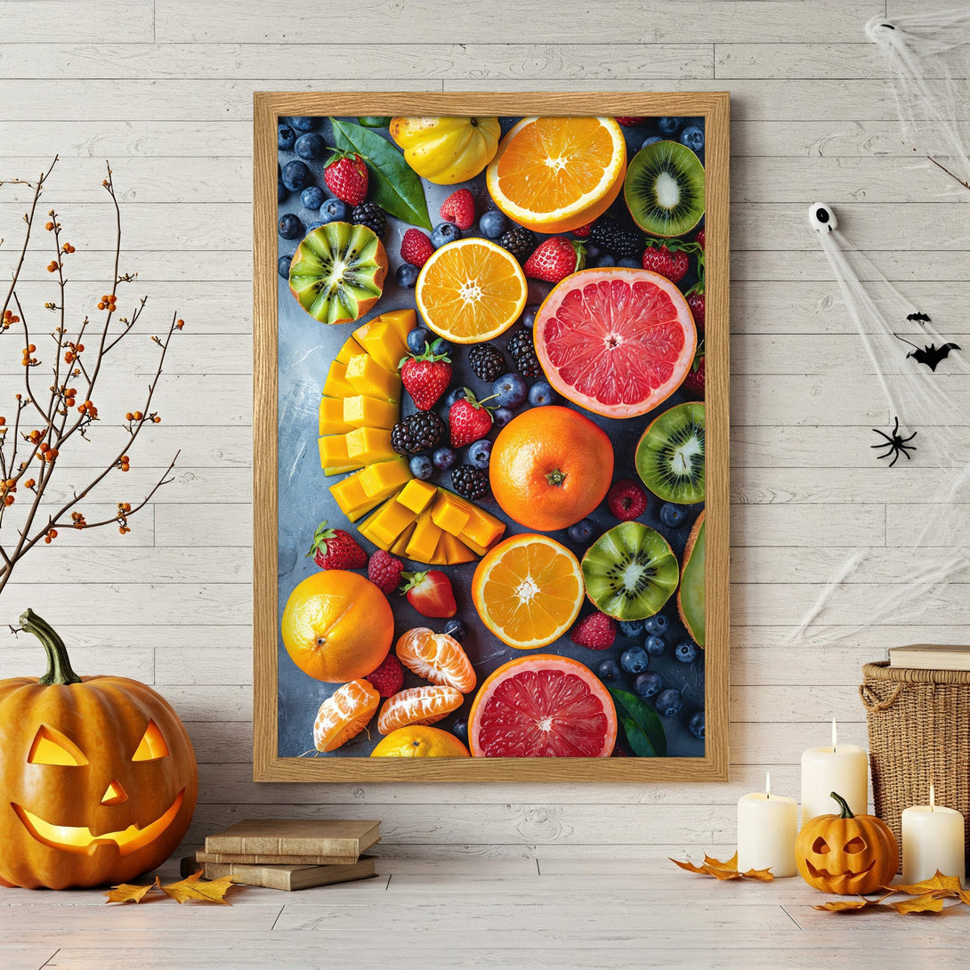 Framed Poster featuring vibrant fruit arrangement with a Halloween theme. Colorful, modern style with a bright, fresh palette.